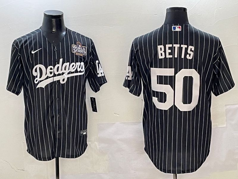 Men Los Angeles Dodgers #50 Betts Black Stripe Jointly Name 2025 Nike MLB Jersey style 3